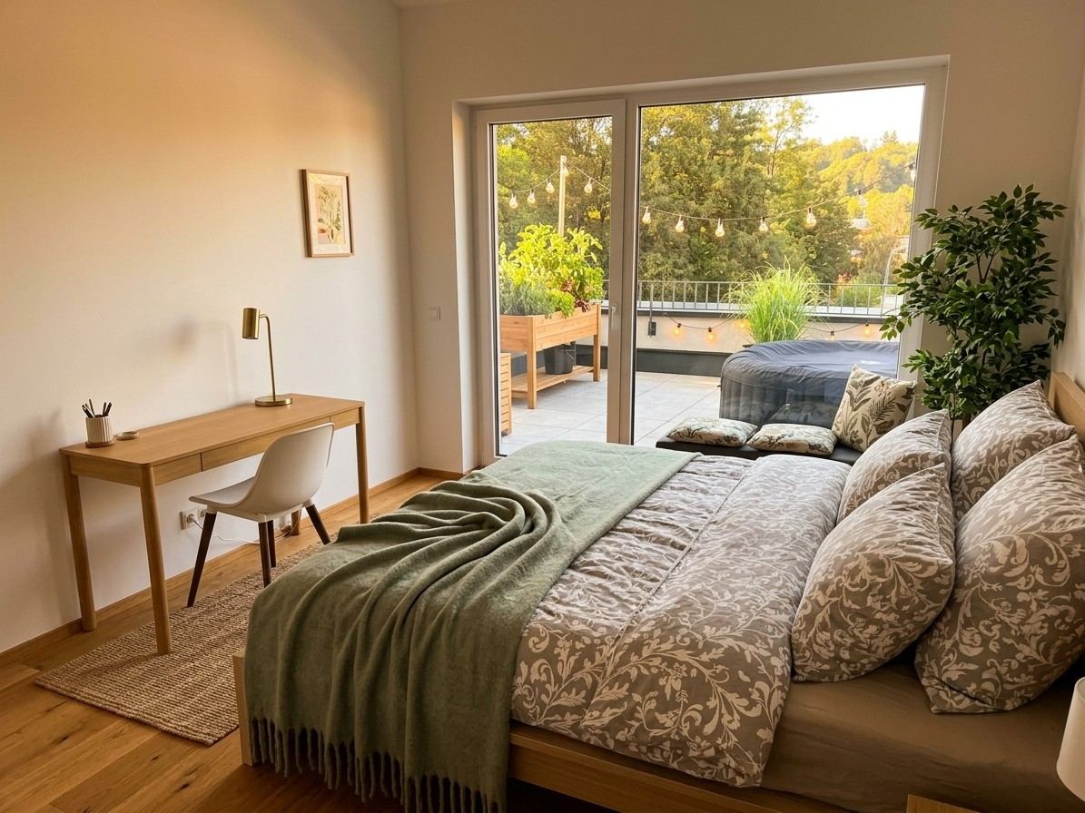 Penthouse Schlafzimmer mit Terrassenzugang – seeerleben Reifnitz